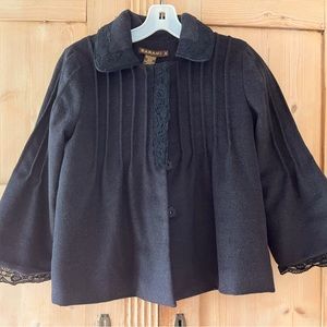 Soft, cropped charcoal gray jacket with lace detail
